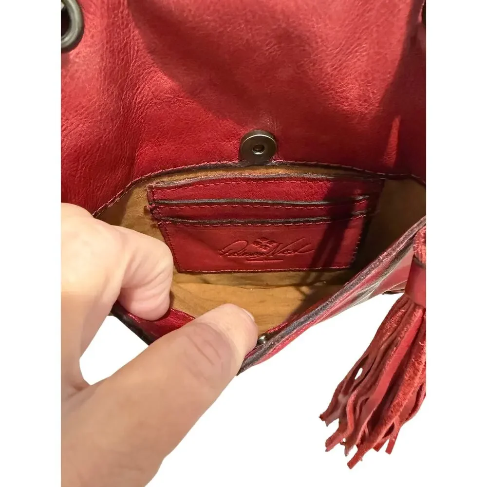 Patricia Nash Karisa Leather Whipstitch Saddle Bag Berry Red Tassels